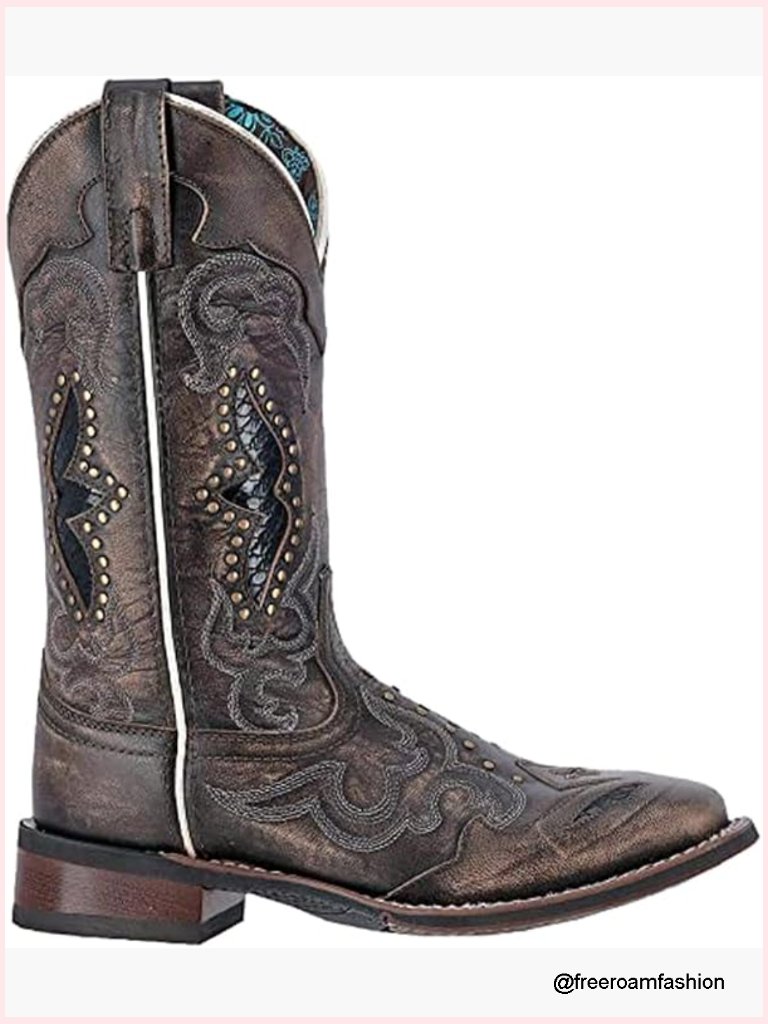 Embroidered Round Toe Pull On Mid Calf Boots Low Heel 1-2"